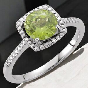 Peridot and Diamond Halo Ring in 925 Sterling Silver